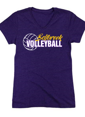 BHS Volleyball Ladies Relaxed V-Neck Purple Tee w/ Bellbrook Volleyball design